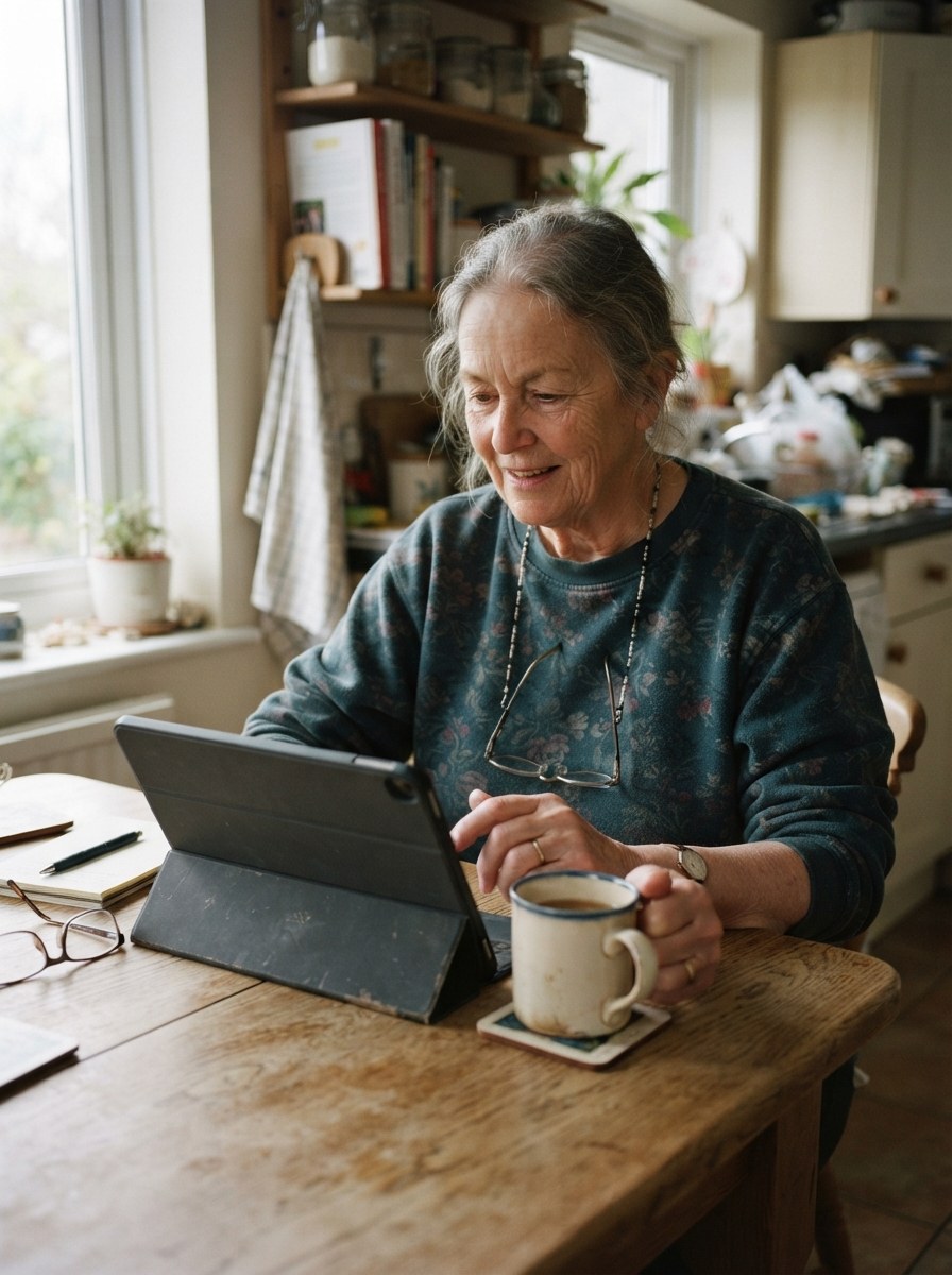 On a tablet at the kitchen table
