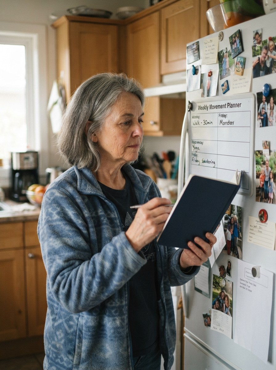 The weekly movement planner on the fridge